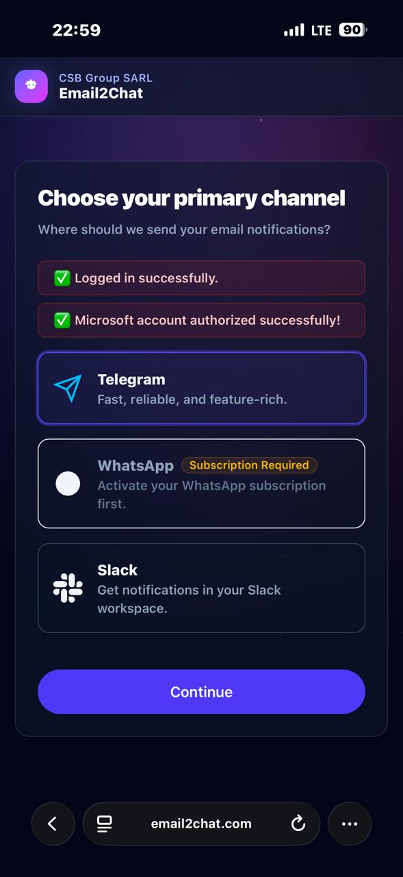 Choose notification channel - Telegram, WhatsApp, or Slack
